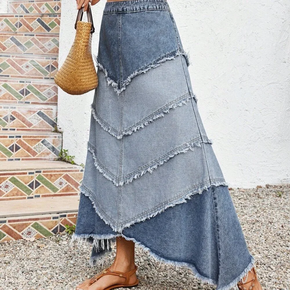 Medium Wash Boho Western Women's Casual Long Denim Skirt - Picture 3 of 4